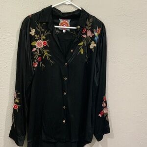 Johnny Was Black Top with Multicolor Floral Design